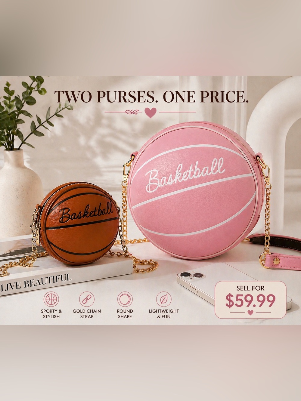 Pink Basketball Crossbody Bag | Mini Round Sports Purse | two purses one price
